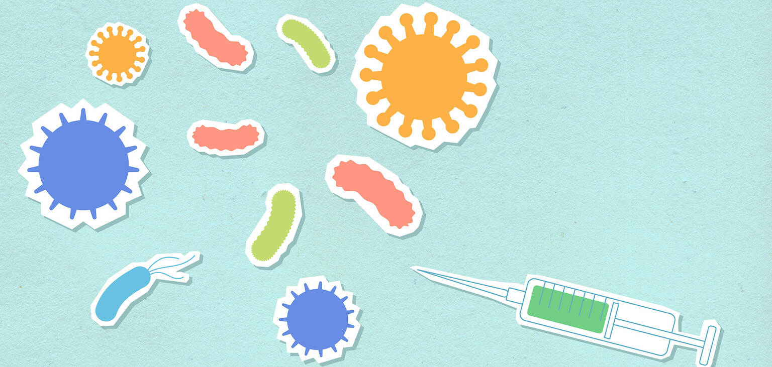 A graphic showing viruses, bacterium, and a vaccine.
