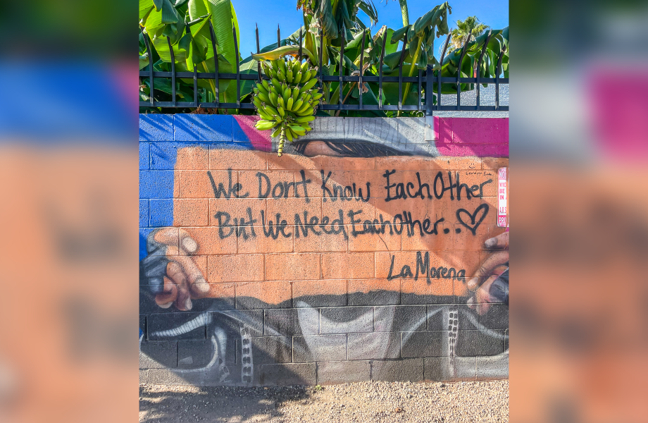 A banana tree outside SVdP's Mesa Dining Room points to an important message written on a mural that says, "We don't know each other, but we need each other..."