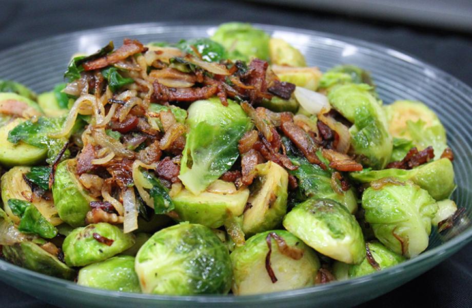 Farm to Fork: Pan Seared Brussels Sprouts with Bacon and Onion