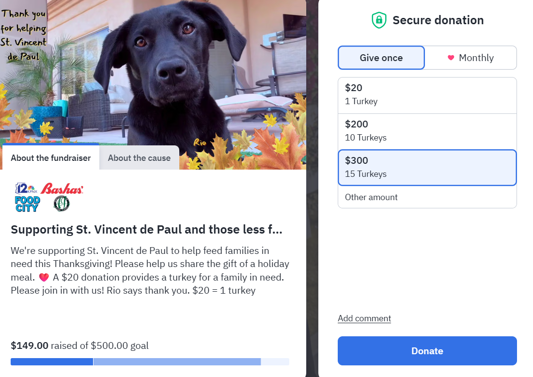 Screenshot of community fundraiser